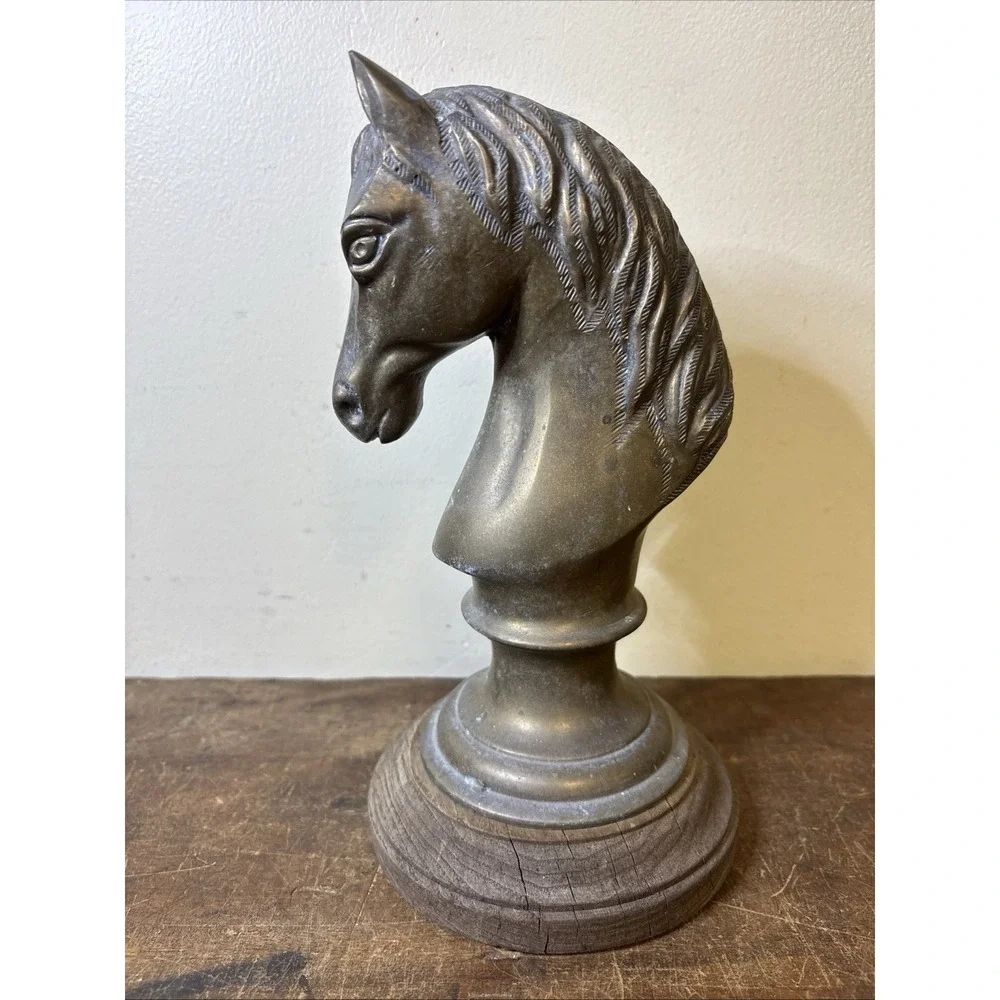 Brass Horse Head Figurine Bust Sculpture Display on Wood Base - AS IS